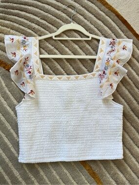 Japna White Smocked Top with Embroidered Flutter Straps